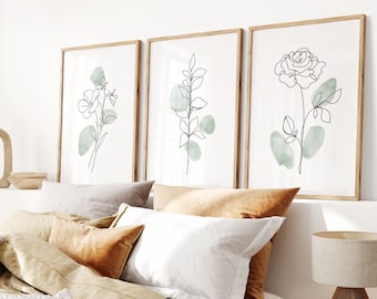 Set of 3 Boho Botanical Print, Green Plant Gallery Wall Art, Sage Wild Flowers Printable Art Abstract Line Watercolor Floral Home Dorm Decor