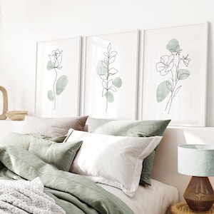 Boho Botanical Print Set de 3, Green Plant Gallery Wall Art, Sage Wild Flowers Arte imprimible Línea abstracta Acuarela Floral Home Dorm Decor