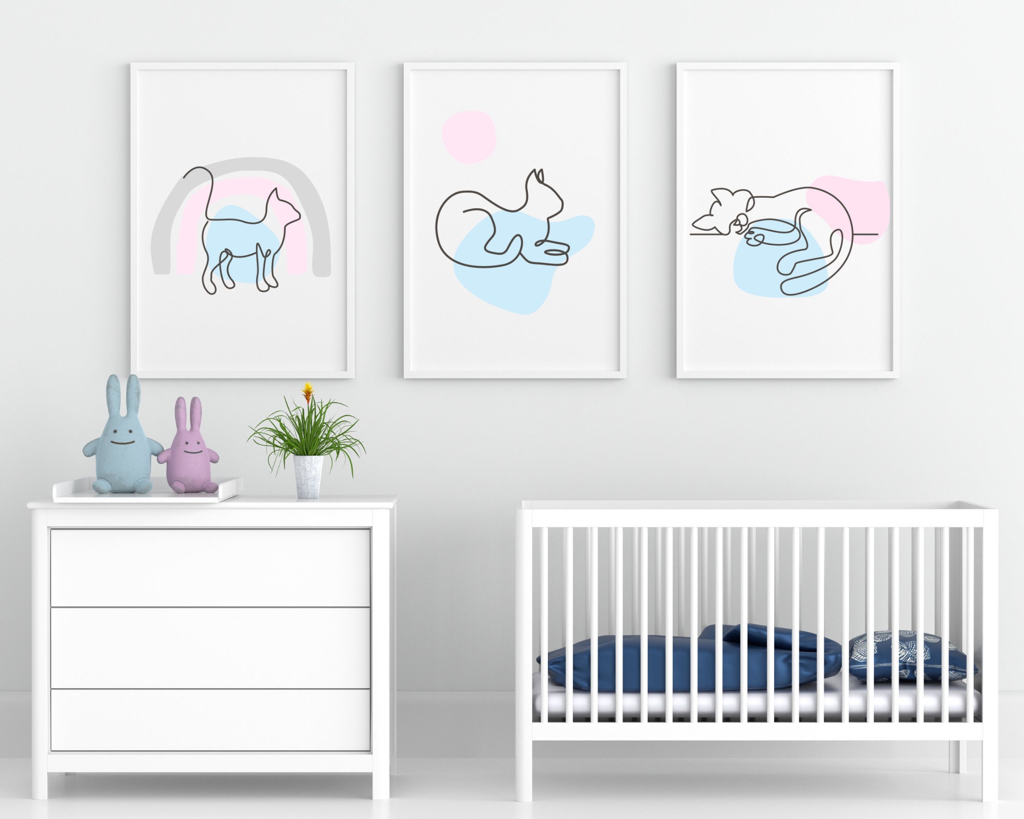 Nursery Wall Decor Set of 3 Nursery Animal Cat Single Line Wall Art
