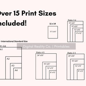 以下が含まれることがあります： A1-A4 などの標準 ISO サイズと、3:4、4:5、2:3 の比率を含む、15 種類以上の印刷サイズを示すチャート。チャートのタイトルは「15 種類以上の印刷サイズが含まれています！」と「Digital Reality Co. | Printables」です。