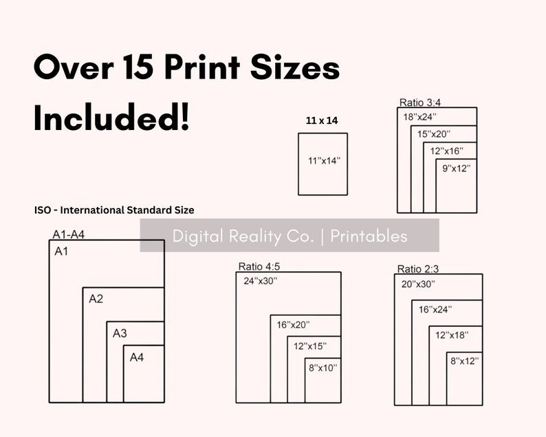 以下が含まれることがあります： A1-A4 などの標準 ISO サイズと、3:4、4:5、2:3 の比率を含む、15 種類以上の印刷サイズを示すチャート。チャートのタイトルは「15 種類以上の印刷サイズが含まれています！」と「Digital Reality Co. | Printables」です。