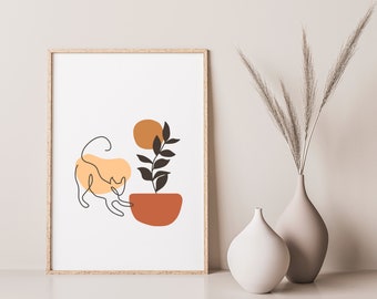 Cat and Plant Single Line Drawing, Instant Download, Minimal Boho Art, Printable Single Line Art, Printable Wall Decor, Continuous Line Art