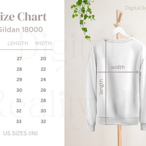 Gildan 18000 Sweatshirt Size Chart | Gildan Crewneck Size Chart | Gildan 1800 Mockup & Size Chart | White background Gildan 18000 Size Guide