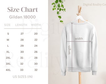 Gildan 18000 Sweatshirt Size Chart | Gildan Crewneck Size Chart | Gildan 1800 Mockup & Size Chart | White background Gildan 18000 Size Guide