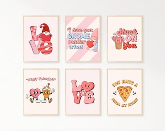 Set of 6 Valentines day wall art set, digital valentines gallery wall decor, retro valentine's wall art printables, pink romantic wall art