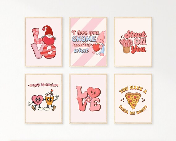 Set of 6 Valentines day wall art set, digital valentines gallery wall decor, retro valentine's wall art printables, pink romantic wall art
