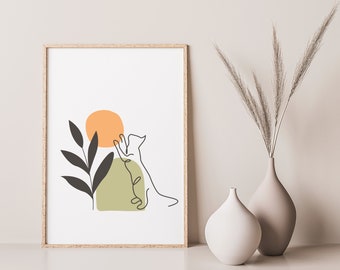 Playful Cat Plant Single Line Drawing, Minimal Wall Art, Colored Single Line Art , Continuous Line Art Green Orange, Minimalist Wall Decor