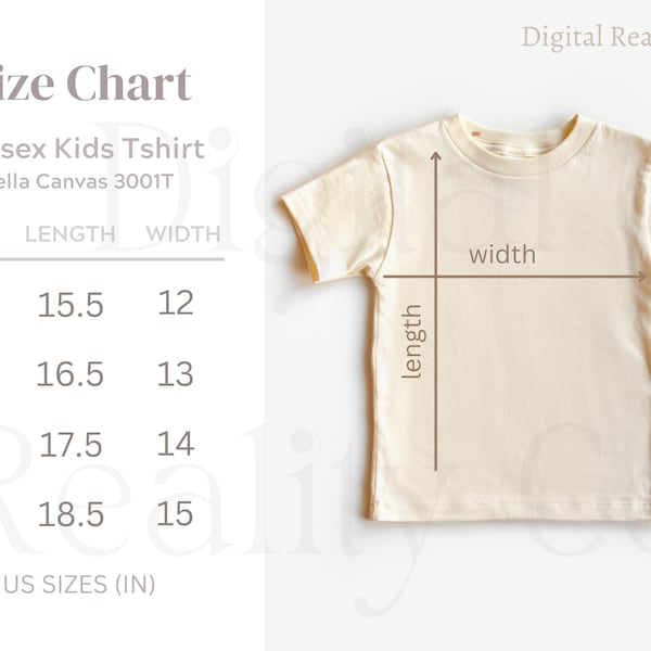 Youth Bella Canvas 3001T Size Chart, Bella Canvas 3001T Mockup Size Chart, Bella Canvas Toddler Size Chart, Kids 3001T Tshirt Size Chart