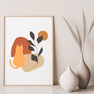 Boho Cat Plant Art, natychmiastowe pobranie, minimalistyczna sztuka kota Pomarańczowa sztuka kota Siedząca roślina kota Minimalistyczna dekoracja ścienna Uroczy wystrój pokoju, nadruk kota