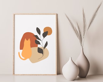 Boho Cat Plant Art, Instant Download, Minimal Cat Art Orange Cat Art Sitting Cat Plant Minimalist Wall Decor Cute Room Home Decor, Cat Print