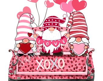 LOVE 3 Gnomes on Truck Pink Sublimation, Valentines' Day PNG Clipart, Printable Instant Download, Dye Sublimation, XOXO 3 Gnomes Valentines