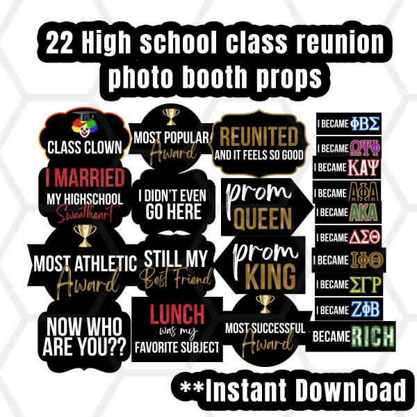 22 Digital Printable High School Class Reunion Photo Booth Props 360 Photo Booth Instant Download