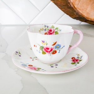 Shelley China, England Vintage Teacup in Rose and Red Daisy with Pink Trim, Cup and Saucer