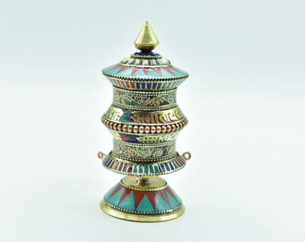 LAST DAYSALE 50% OFF-5.5 Inch Tall Turquoise Coral Tibetan Top Table Prayer Wheel,Frame-OmManiPadme Hum Nepal