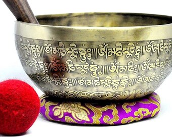 LAST DAYSALE 40% OFF-8.5&quot; Craving/Etching Handmade Singing bowl from Nepal-Himalayan bowl-for Healing & Meditation-Including Mallet,Cushion,