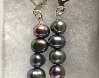 Stacked Peacock Pearl Drop Earrings with 925 Sterling Silver Open Lever Earhook. Drop from hook approx. 30mm
