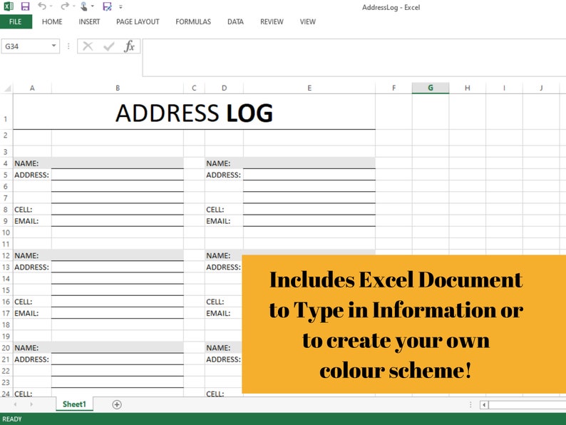 Address Book PDF Printable Includes Excel File to Create Your Own