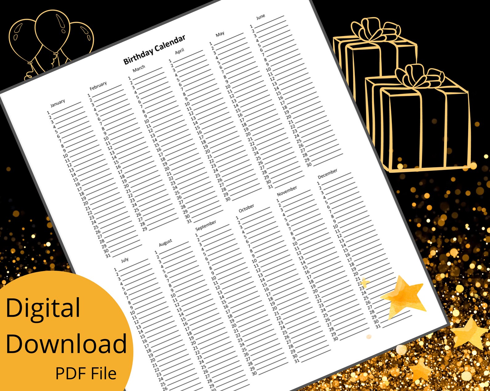 Printable Birthday Calendar Page Digital File Includes 12 - Etsy