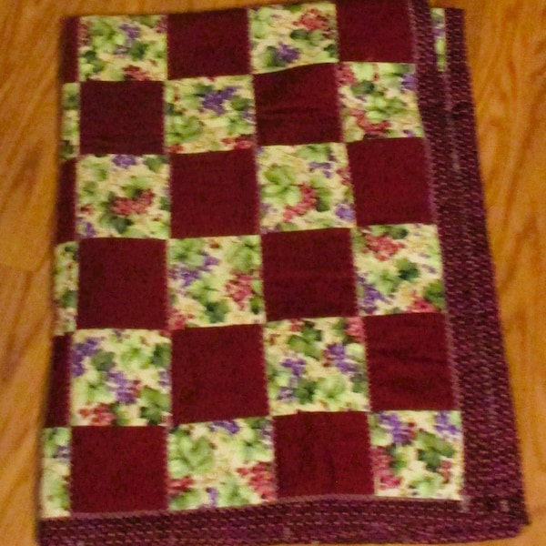 Patchwork Quilt Sewn With ZigZag Stitching Reverseable 47" X 35"Vibrant Purple Burgandy Green Grape Squares