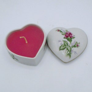 Moss Rose Vintage Heart Trinket Dish with Rose, Candle With Lid Gold trim