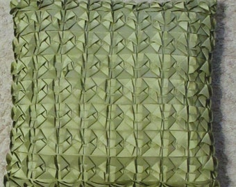 Handmade Toss Pillow Green Smocked Tufted Zipper Satin 16X16"