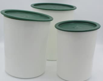 Tupperware One Touch Cannister Set of 3 Nesting White Forest Green