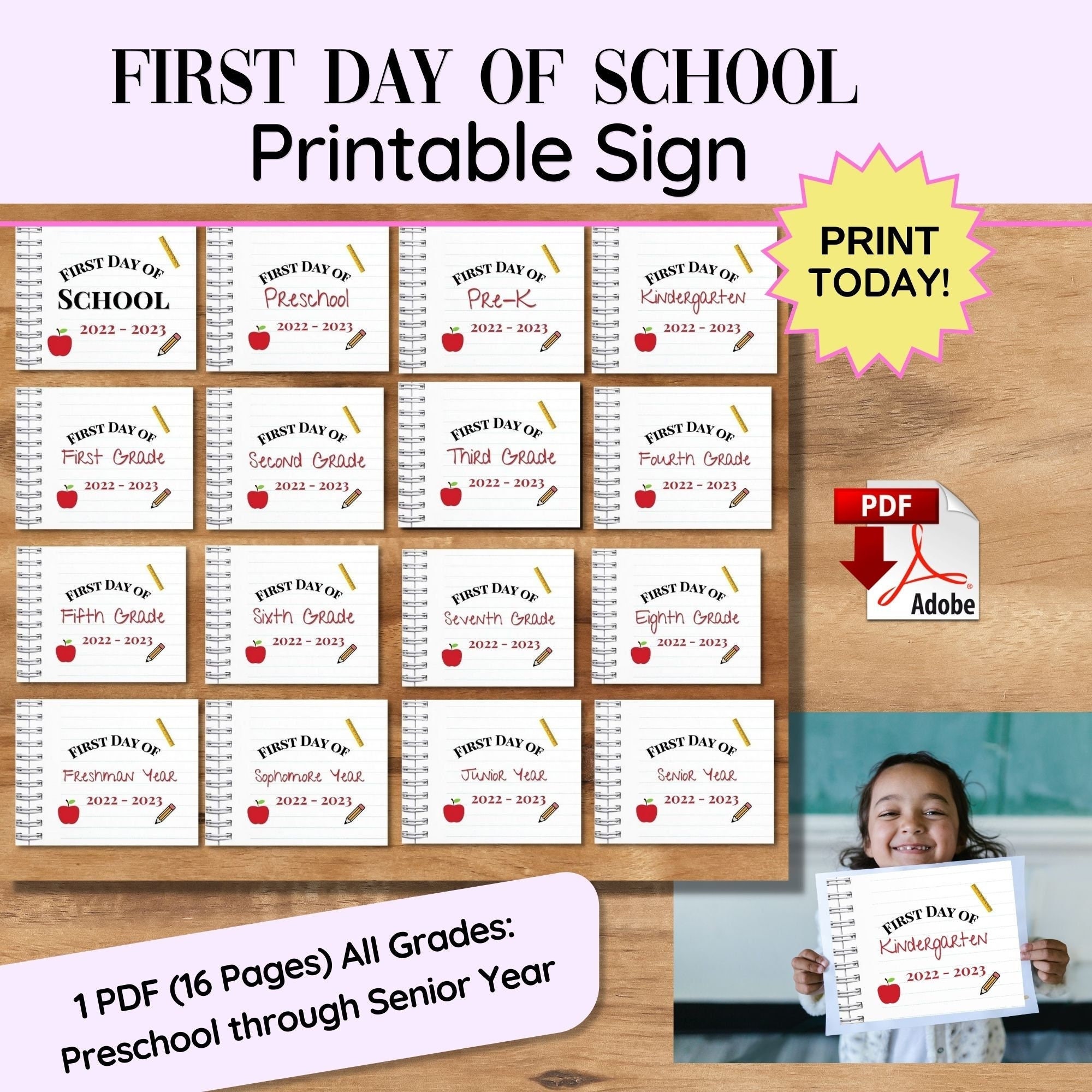 First Day School Printable, INSTANT DOWNLOAD, First Day All Grades Sign ...