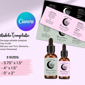 Op de afbeelding: Bewerkbare sjabloon voor essenti&euml;le olielabel in drie maten: 3,75 inch bij 1,5 inch, 4 inch bij 1,5 inch en 5 inch bij 2 inch. De labels hebben een bloemmotief met een halve maan en de tekst "Flower Moon Essential Oil Blend".