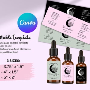 Op de afbeelding: Drie amberkleurige glazen flessen met druppelaars, elk met een roze en zwart etiket. Het etiket heeft een halve maan met bloemmotieven en de tekst "Flower Moon Essential Oil Blend 10ml / .33 fl oz".