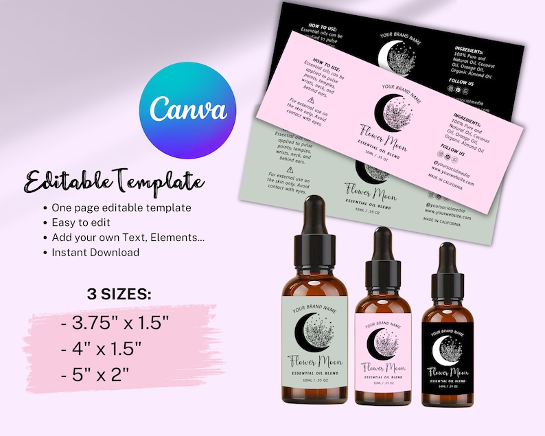 Op de afbeelding: Drie amberkleurige glazen flessen met druppelaars, elk met een roze en zwart etiket. Het etiket heeft een halve maan met bloemmotieven en de tekst "Flower Moon Essential Oil Blend 10ml / .33 fl oz".