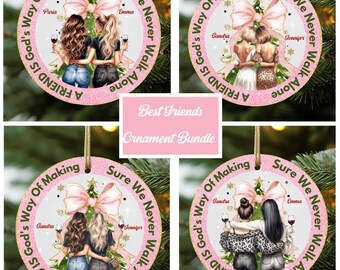 May include: Four pink and gold Christmas ornaments with a glitter finish. Each ornament features a pair of women standing in front of a Christmas tree with a pink bow. The text on the ornaments reads "A FRIEND IS God's Way Of Making Sure We Never Walk Alone".
