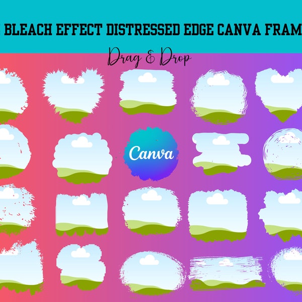 24 marcos de Canva con borde desgastado y efecto blanqueador. Complete su propio diseño en Canva. Plantilla de canva editable. Arrastre y suelte marcos para crear imágenes prediseñadas.