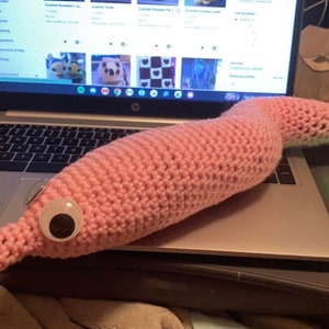 May include: A handmade, pink crocheted worm with large googly eyes rests on a laptop. The worm is positioned on a laptop, next to a pink mouse. The laptop screen displays a website.