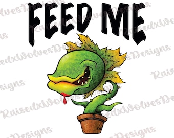 Puede incluir: Una ilustración de dibujos animados de una planta verde y dentada con una boca roja, en una maceta marrón, con el texto "FEED ME" encima.