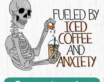 Esqueleto con café helado y ansiedad (PNG) / Clipart divertido (Descarga digital)