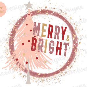 Merry And Bright Digital Clipart | Pink Christmas PNG | Pink Pastel Holiday Png Instant Download