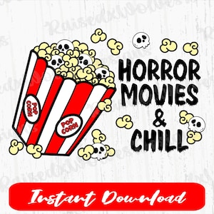 Horror Movies & Chill PNG | Spooky Season Digital Clipart | Skulls and Popcorn PNG Instant Download