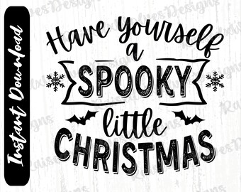 Könnte beinhalten: Schwarzweißes Grafikdesign mit einem abgenutzten, Vintage-Look. Der Text lautet "Have yourself a spooky little Christmas".