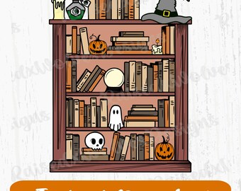 Spooky Bookshelf PNG | Bookish Digital Clipart | Halloween Books PNG Instant Download