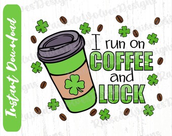 Corro con café y suerte PNG / Shamrocks Digital Clipart / St Patricks Day PNG Descarga instantánea