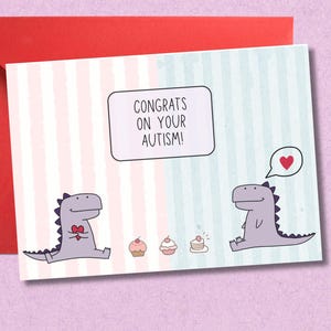 Congratulazioni, dinosauro viola, per la tua carta sull'autismo! Congratulazioni per il tuo autismo, congratulazioni per l'autismo, congratulazioni per la carta sull'autismo.