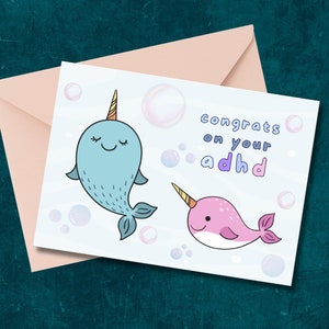 schattige narwal GEFELICITEERD met je ADHD-kaart, gefeliciteerd met je ADHD-diagnosekaart, digitale downloadkaart ADHD, narwal ADHD-kaart
