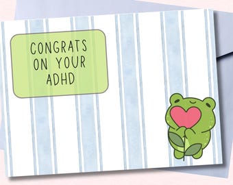 Grattis till din ADHD-diagnos, utskrivbart kort med groda! Digitalt nedladdningsbart neurodiversitetskort