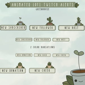 Animiertes Plants Twitch Alerts Package - Greenhouse - Twitch Overlay Lofi | Cozy | Cute | Green | Leaves | Cottagecore | House