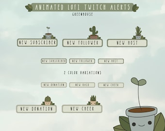 Op de afbeelding: Geanimeerde Twitch-meldingen in een groen-bruin kleurenschema. De meldingen bevatten verschillende plantenillustraties, waaronder een cactus, een scheut en een potplant. De tekst op de meldingen is "Nieuwe abonnee", "Nieuwe volger", "Nieuwe host", "Nieuwe donatie", "Nieuwe raid" en "Nieuwe cheer".
