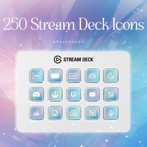 May include: A digital graphic displaying "250 Stream Deck Icons" and the Stream Deck logo. The image shows a grid of icons, including a microphone, camera, and Discord logo, set against a colourful, iridescent backdrop.