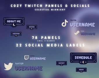 Cozy Celestial Twitch Panels and Social Media Labels Pack - CELESTIAL midnight - Twitch Overlay Cozy - Twitch Overlay Celestial