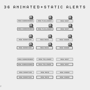 K&ouml;nnte beinhalten: Ein Satz von 36 animierten und statischen Benachrichtigungen f&uuml;r Twitch, YouTube und andere Streaming-Plattformen. Die Benachrichtigungen zeigen einen pixeligen Robotercharakter und Text, der "Neuer Abonnent", "Neuer Follower", "Neuer Host", "Neue Spende", "Neuer Raid" und "Neuer Cheer" lautet.