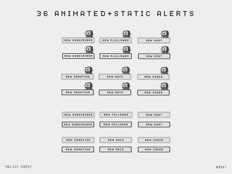 K&ouml;nnte beinhalten: Ein Satz von 36 animierten und statischen Benachrichtigungen f&uuml;r Twitch, YouTube und andere Streaming-Plattformen. Die Benachrichtigungen zeigen einen pixeligen Robotercharakter und Text, der "Neuer Abonnent", "Neuer Follower", "Neuer Host", "Neue Spende", "Neuer Raid" und "Neuer Cheer" lautet.