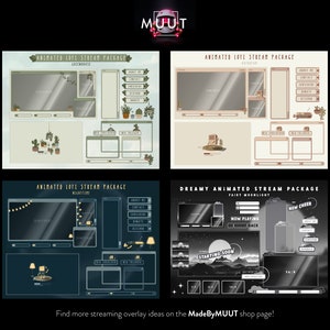 K&ouml;nnte beinhalten: Vier verschiedene animierte Twitch-Stream-Overlays mit verschiedenen Themen. Die Overlays haben ein hellgr&uuml;nes, beiges, dunkelblaues und schwarz-wei&szlig;es Farbschema. Die Overlays enthalten Abschnitte f&uuml;r den Namen des Streamers, den Titel, den Chat und andere Informationen. Die Overlays sind f&uuml;r die Verwendung mit Twitch-Streaming-Software konzipiert.